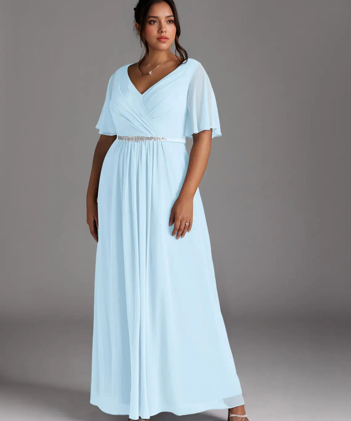 Augday A-Line V-Neck Pleated Chiffon Dress Plus Size