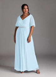 Augday A-Line V-Neck Pleated Chiffon Dress Plus Size