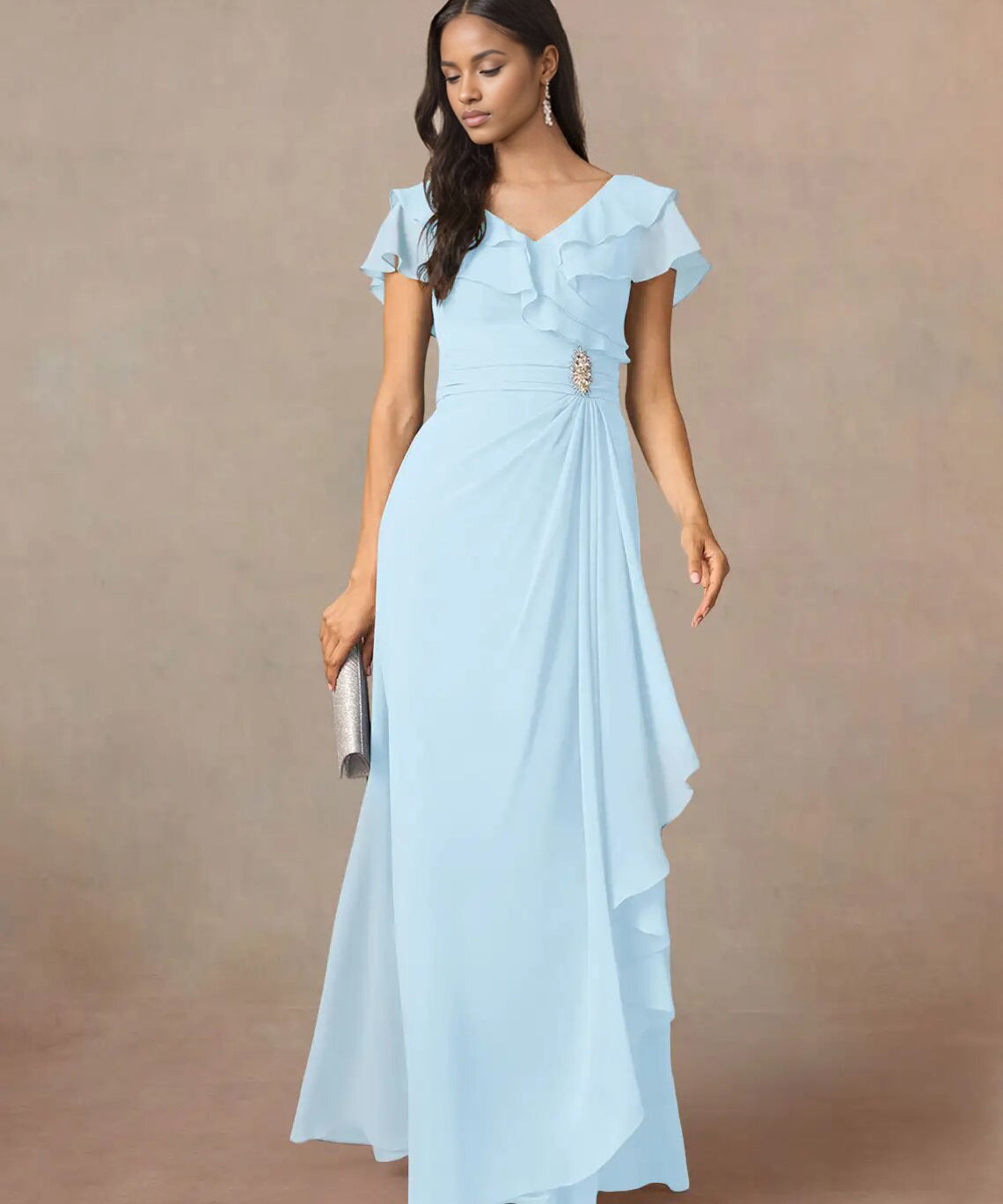 Augday A-Line V-Neck Ruched Chiffon Dress