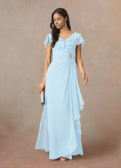 Augday A-Line V-Neck Ruched Chiffon Dress