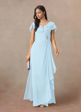 Augday A-Line V-Neck Ruched Chiffon Dress