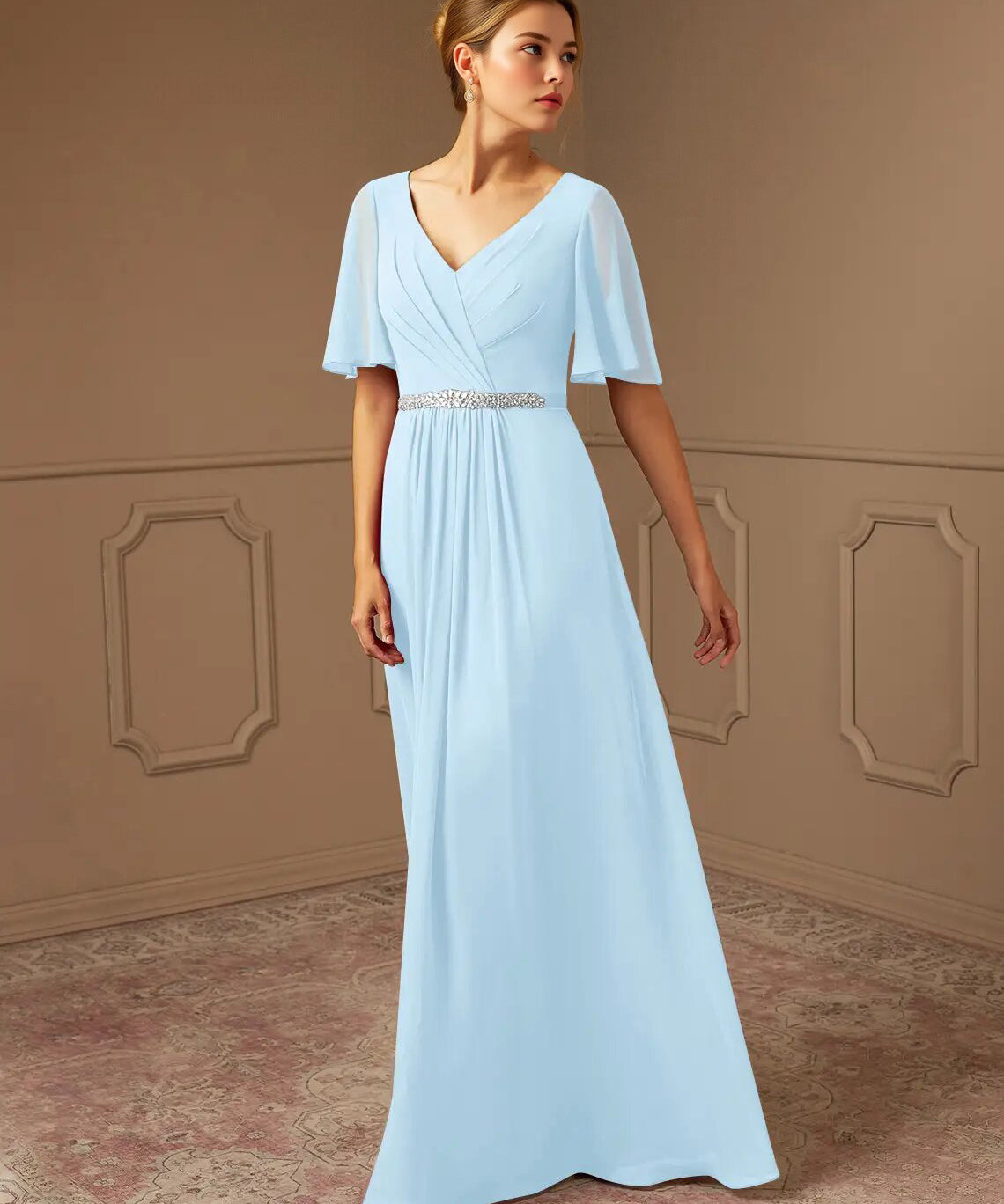 Augday A-Line V-Neck Pleated Chiffon Dress