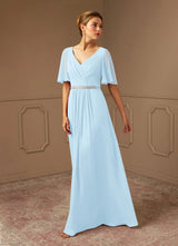 Augday A-Line V-Neck Pleated Chiffon Dress