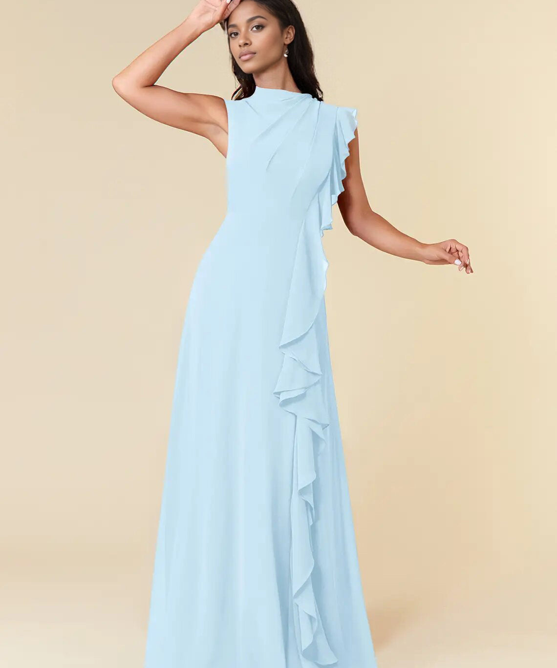 Augday A-Line High Neckline Pleated Chiffon Dress