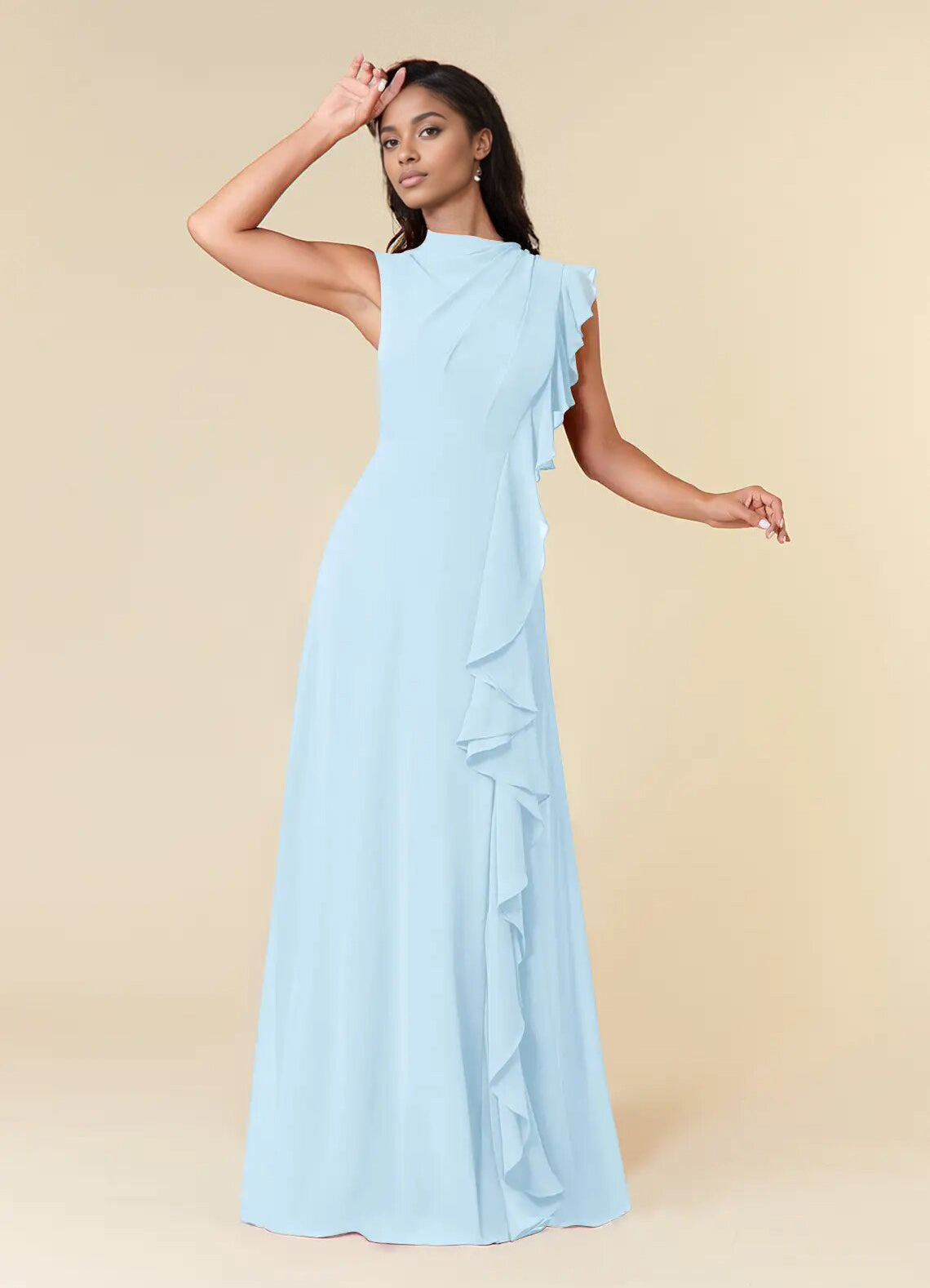 Augday A-Line High Neckline Pleated Chiffon Dress