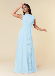 Augday A-Line High Neckline Pleated Chiffon Dress
