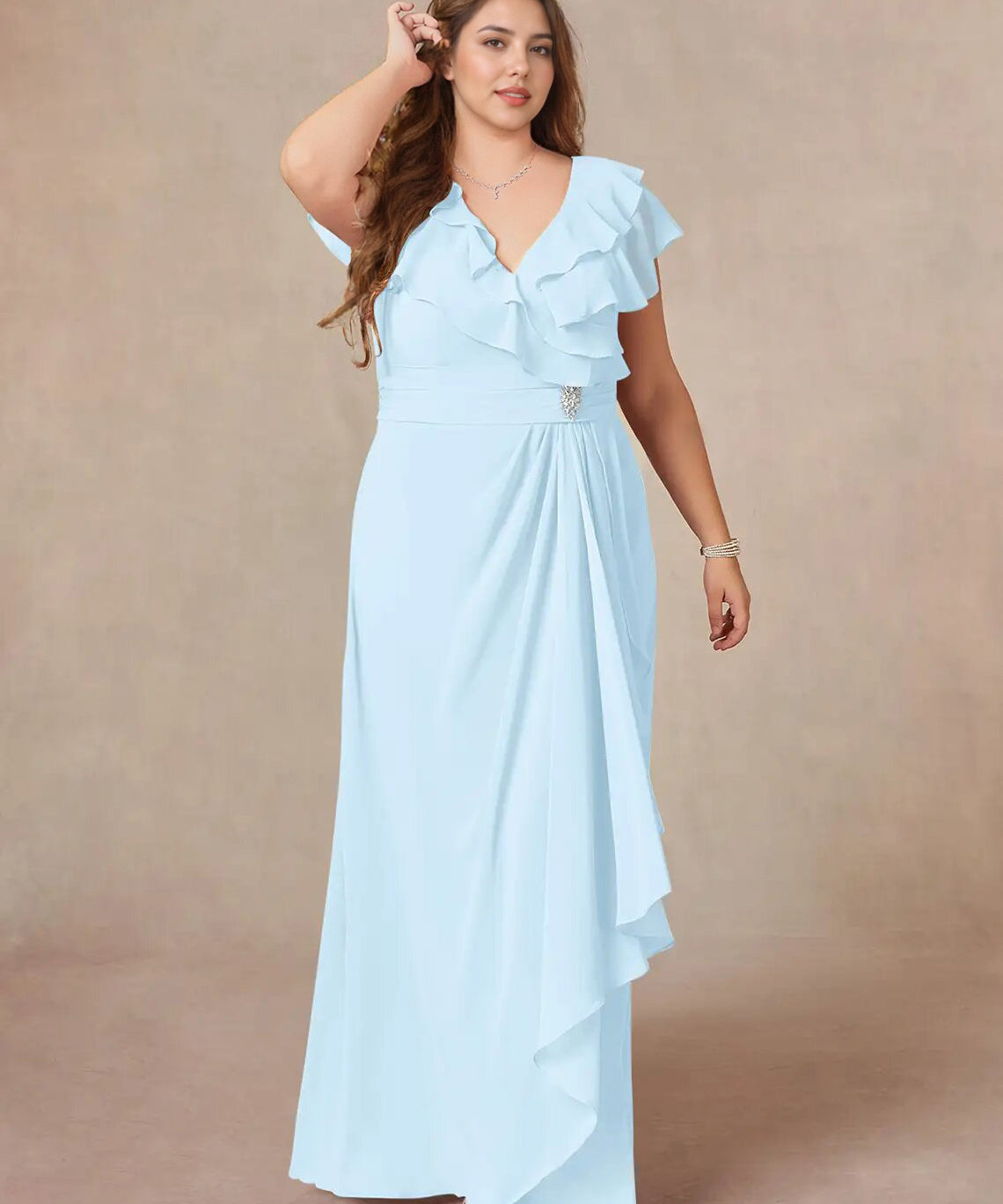 Augday A-Line V-Neck Ruched Chiffon Dress Plus Size