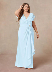 Augday A-Line V-Neck Ruched Chiffon Dress Plus Size
