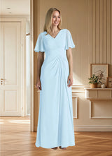 Augday Morning Glory A-Line V-Neck Ruched Chiffon Dress