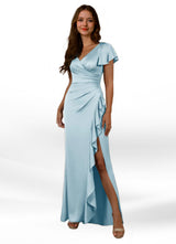 Augday Roya Mermaid V-Neck Pleated Stretch Satin Dress