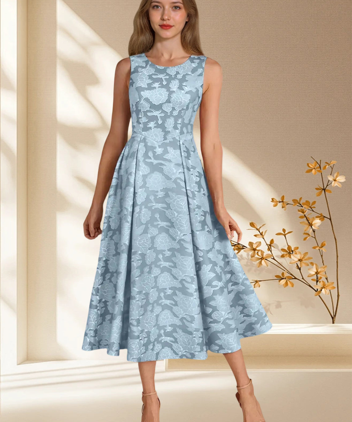 Augday Fulton A-Line Pleated Floral Burnout Dress