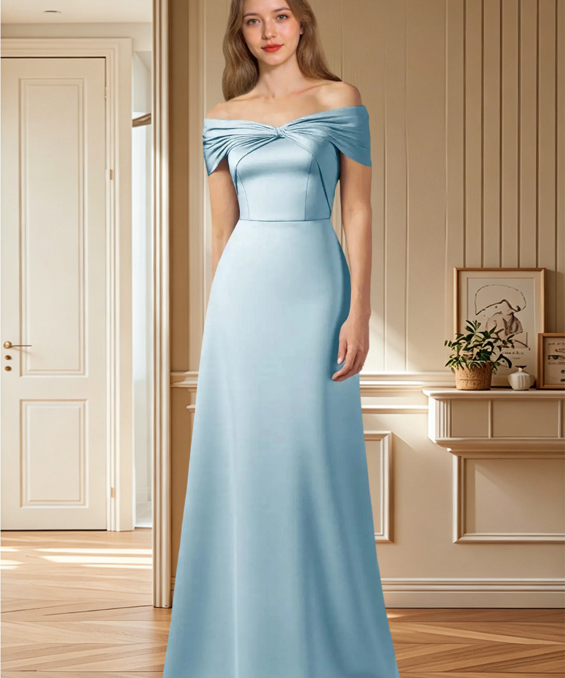 Augday Amelia A-Line Off the Shoulder Stretch Satin Dress