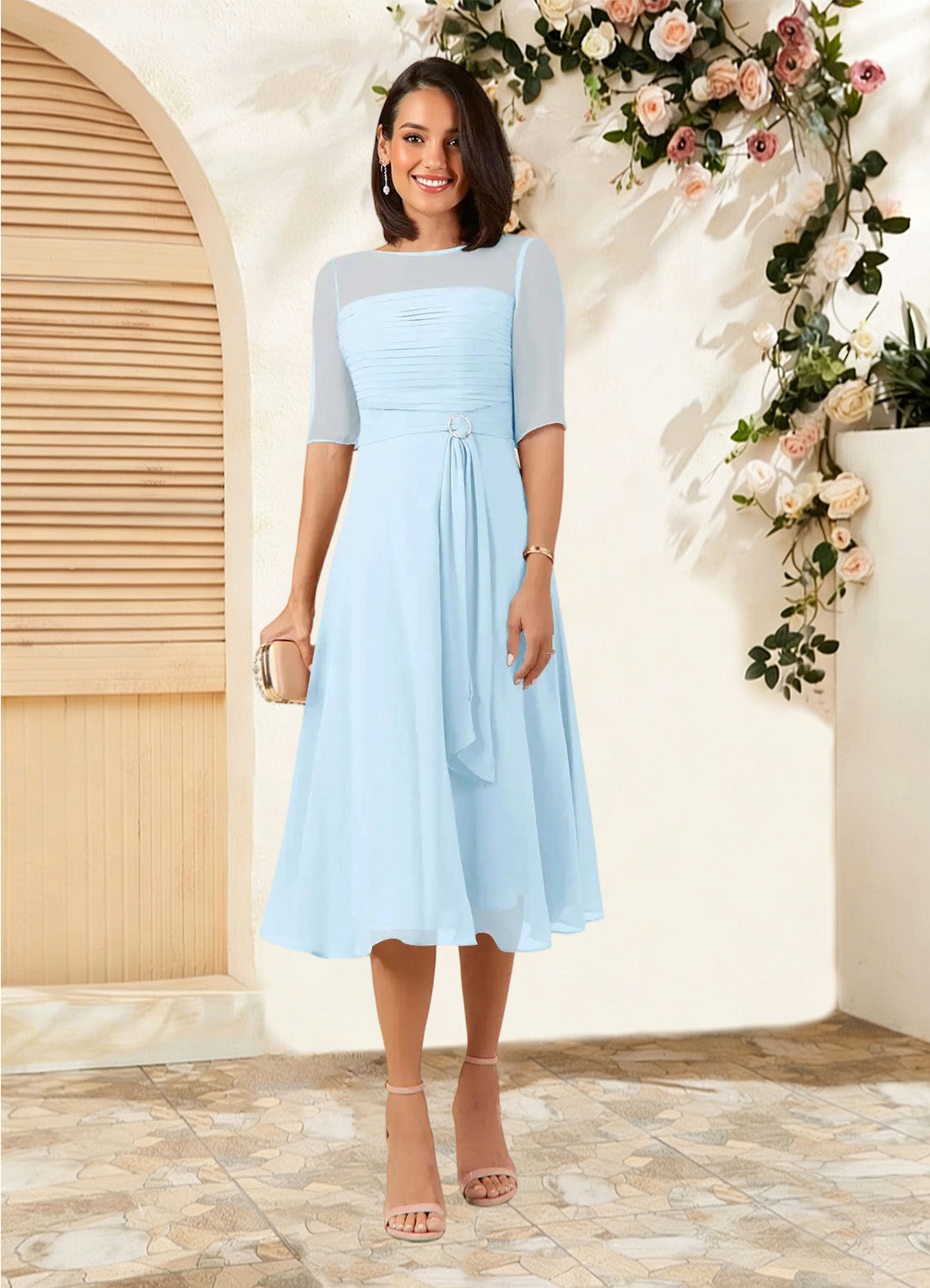 Augday Naomi A-Line Boatneck Pleated Chiffon Dress
