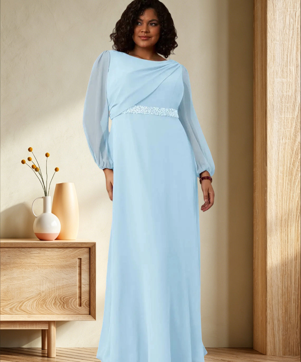 Augday Priyanka A-Line Boatneck Pleated Chiffon Dress