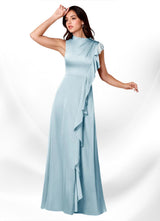 Augday Narine A-Line High Neckline Pleated Stretch Satin Dress