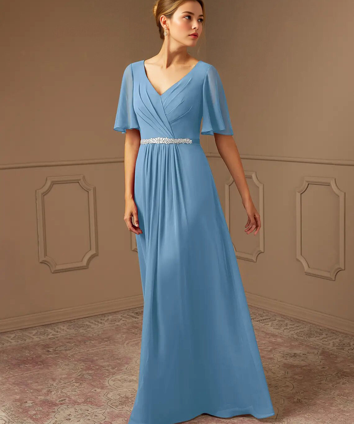 Augday A-Line V-Neck Pleated Chiffon Dress