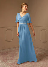 Augday A-Line V-Neck Pleated Chiffon Dress