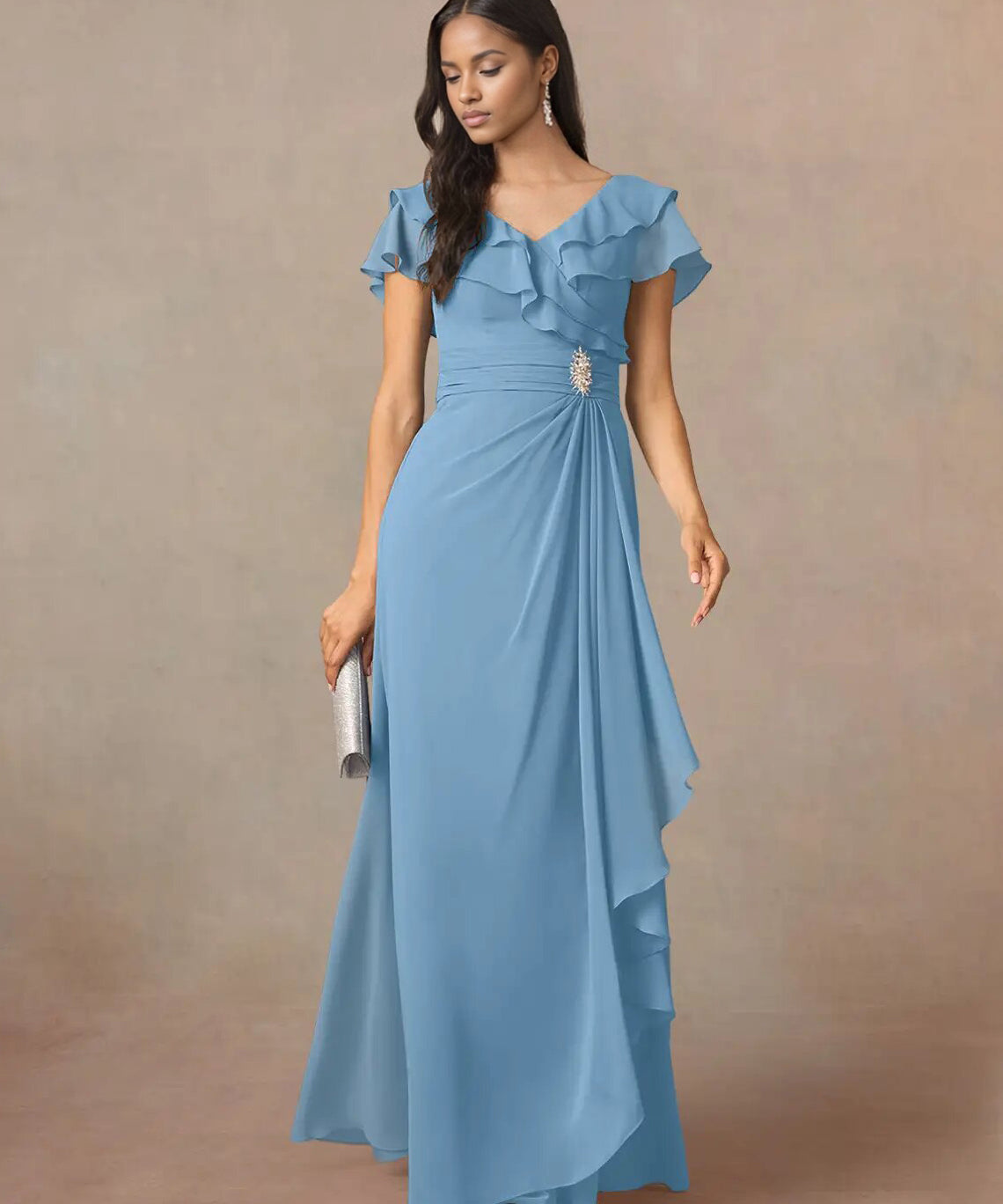 Augday A-Line V-Neck Ruched Chiffon Dress