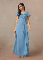 Augday A-Line V-Neck Ruched Chiffon Dress