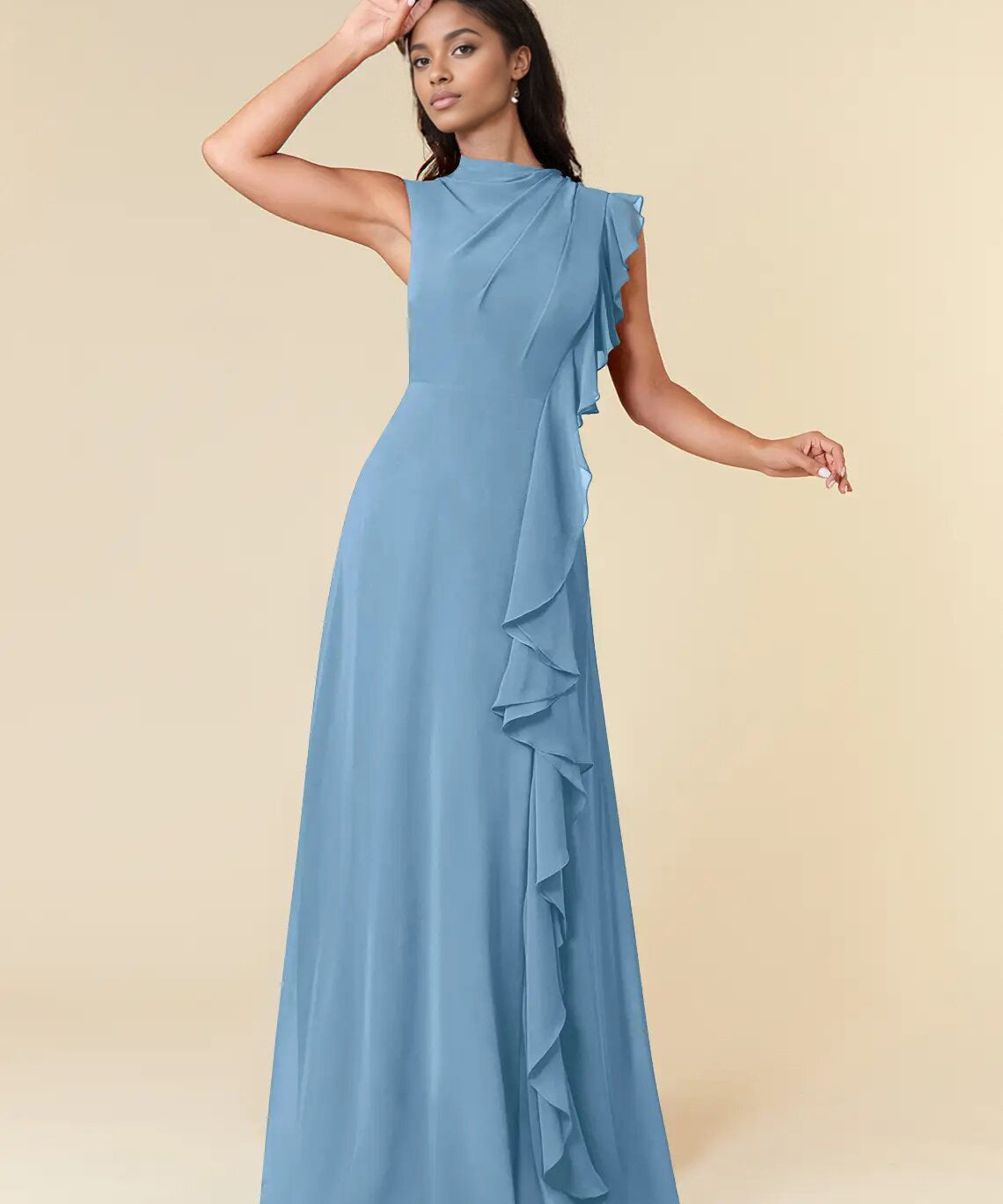 Augday A-Line High Neckline Pleated Chiffon Dress