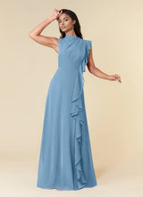Augday A-Line High Neckline Pleated Chiffon Dress