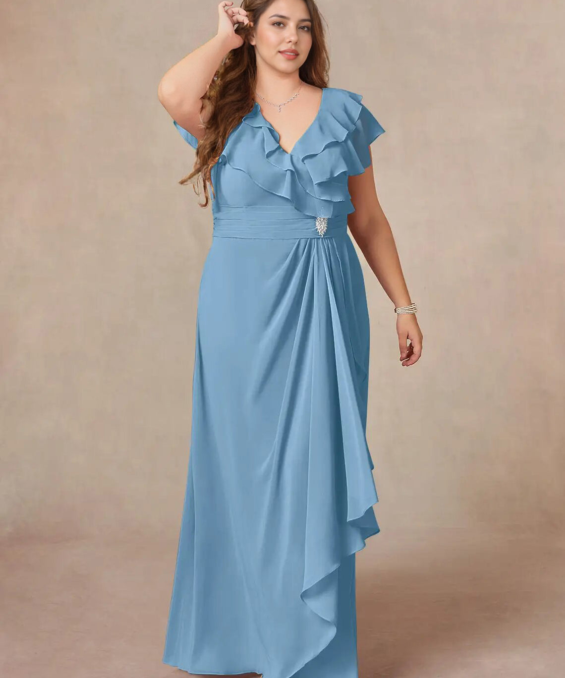 Augday A-Line V-Neck Ruched Chiffon Dress Plus Size