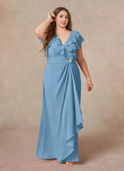 Augday A-Line V-Neck Ruched Chiffon Dress Plus Size