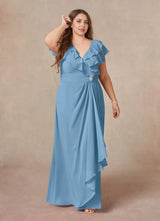 Augday A-Line V-Neck Ruched Chiffon Dress Plus Size