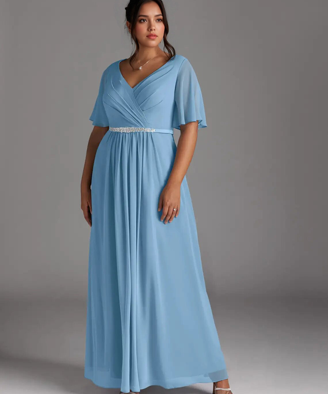 Augday A-Line V-Neck Pleated Chiffon Dress Plus Size