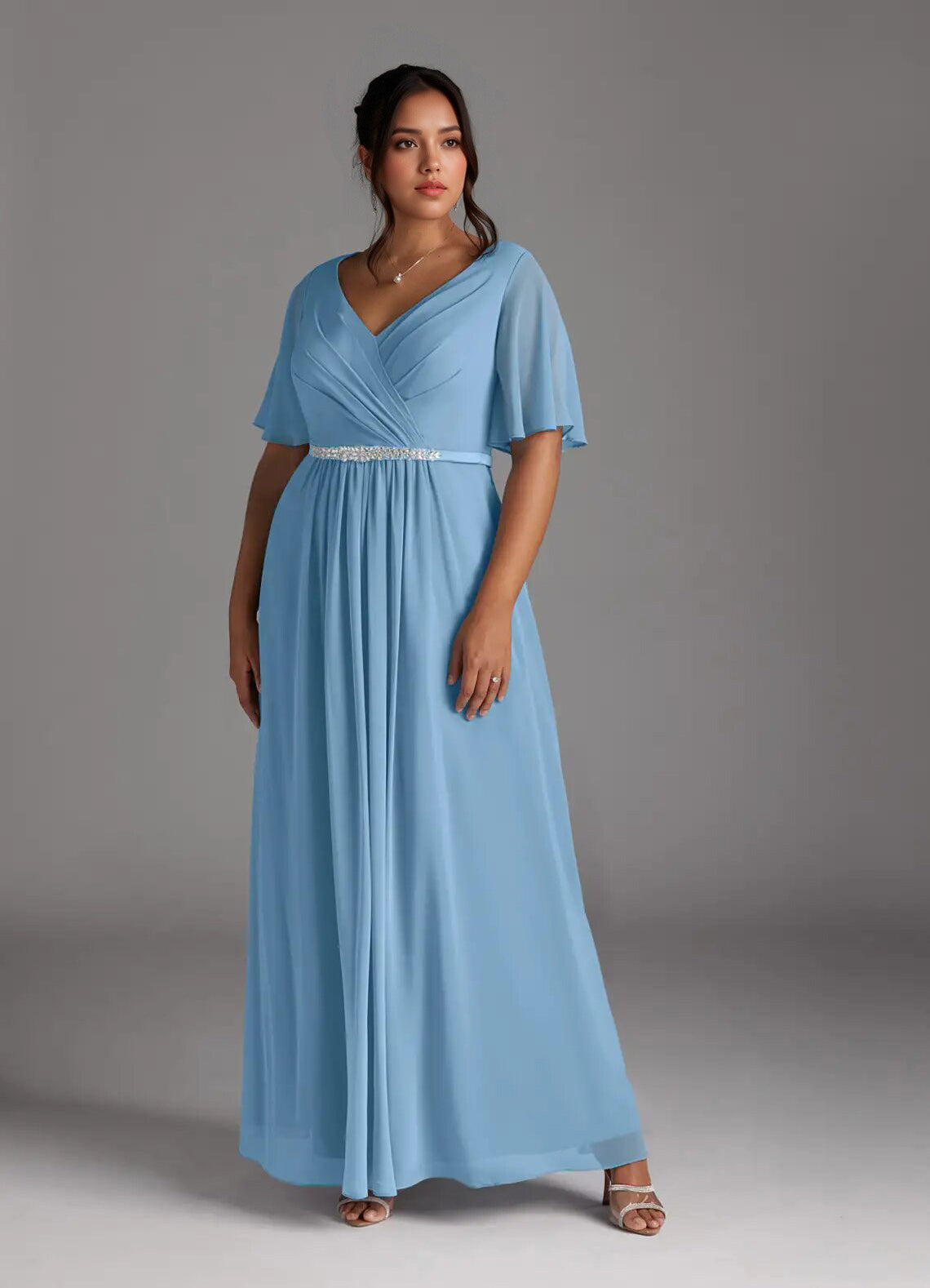 Augday A-Line V-Neck Pleated Chiffon Dress Plus Size