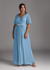 Augday A-Line V-Neck Pleated Chiffon Dress Plus Size