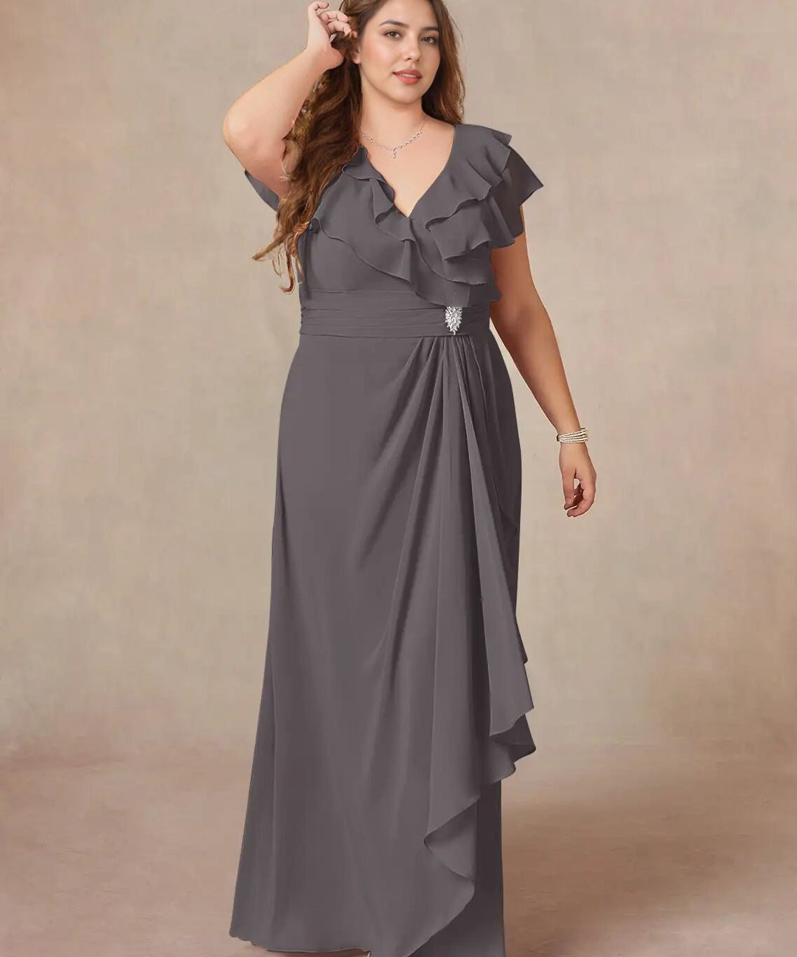 Augday A-Line V-Neck Ruched Chiffon Dress Plus Size