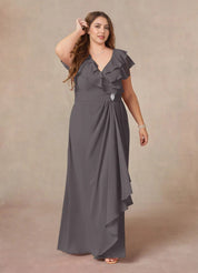 Augday A-Line V-Neck Ruched Chiffon Dress Plus Size