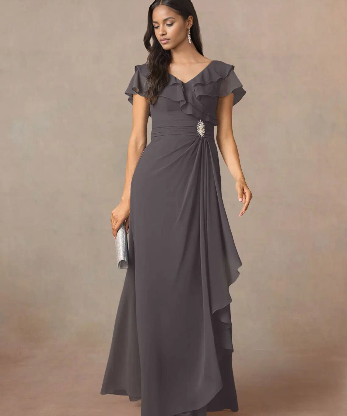 Augday A-Line V-Neck Ruched Chiffon Dress
