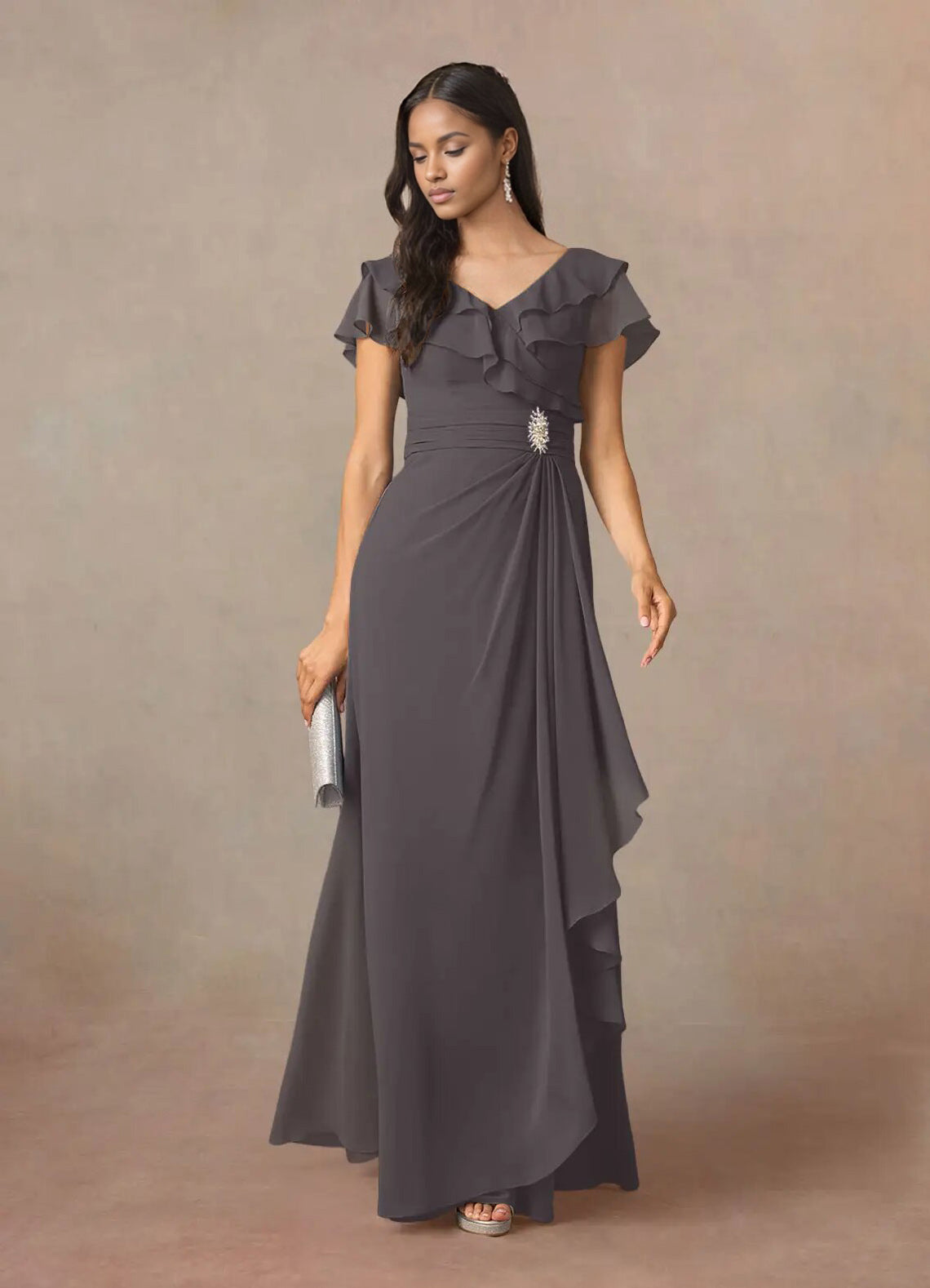 Augday A-Line V-Neck Ruched Chiffon Dress