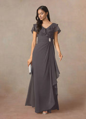 Augday A-Line V-Neck Ruched Chiffon Dress