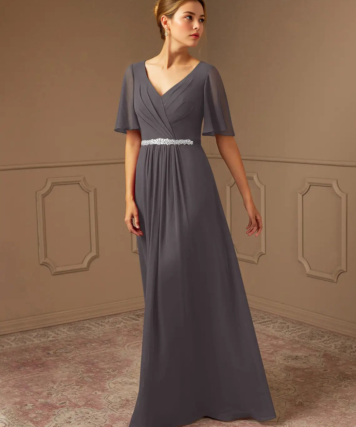 Augday A-Line V-Neck Pleated Chiffon Dress