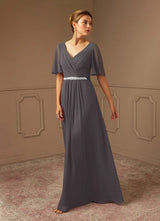 Augday A-Line V-Neck Pleated Chiffon Dress