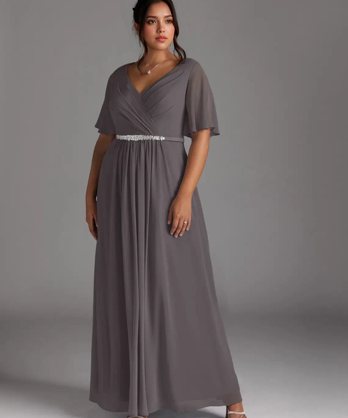 Augday A-Line V-Neck Pleated Chiffon Dress Plus Size