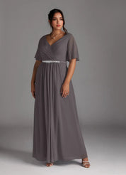 Augday A-Line V-Neck Pleated Chiffon Dress Plus Size