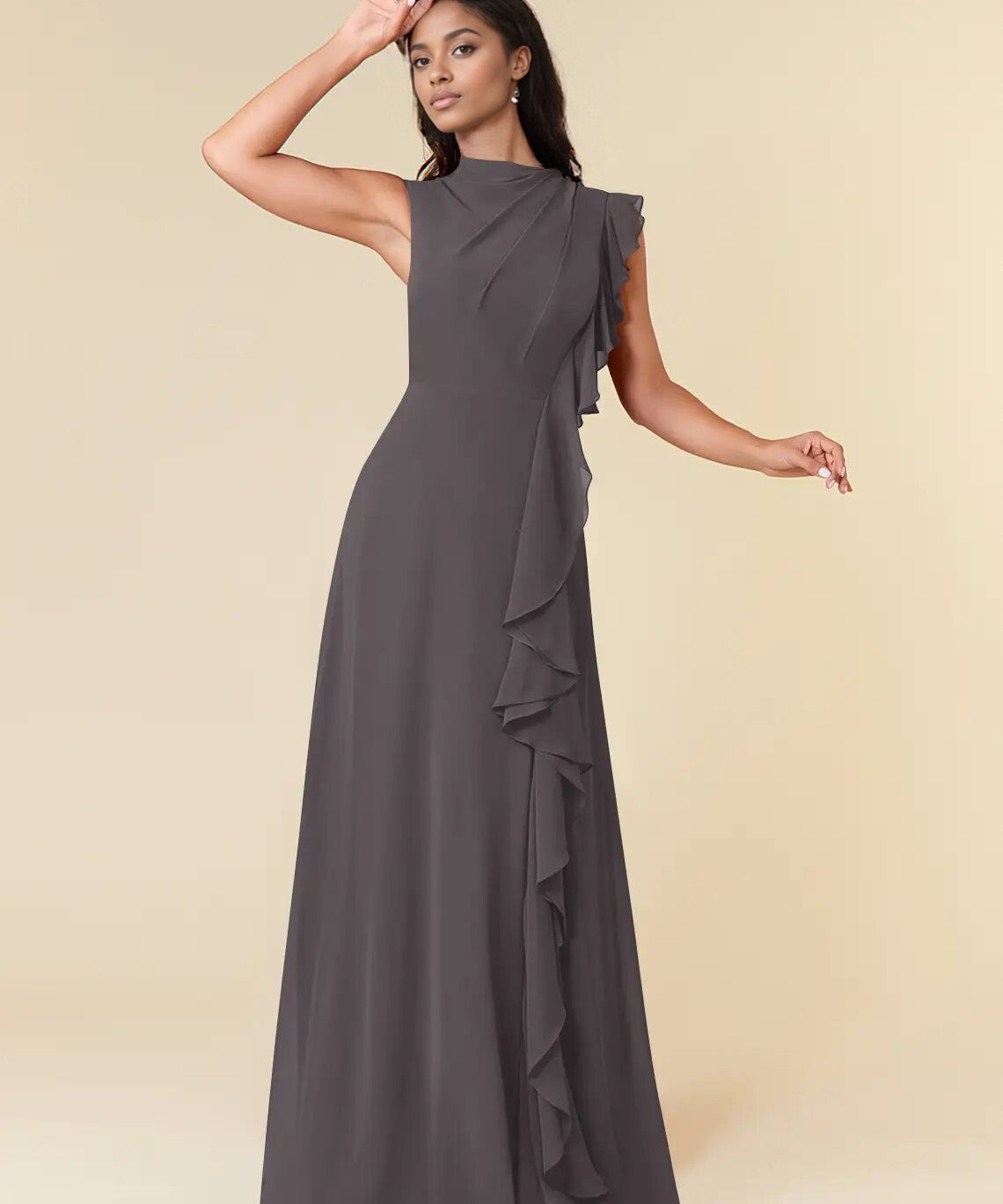 Augday A-Line High Neckline Pleated Chiffon Dress
