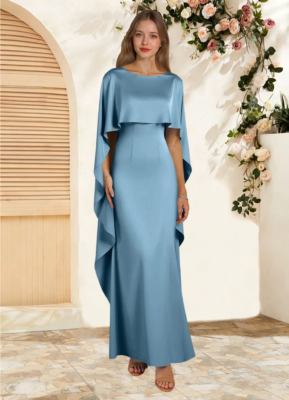 Augday Eli Sheath Boatneck Stretch Satin Dress