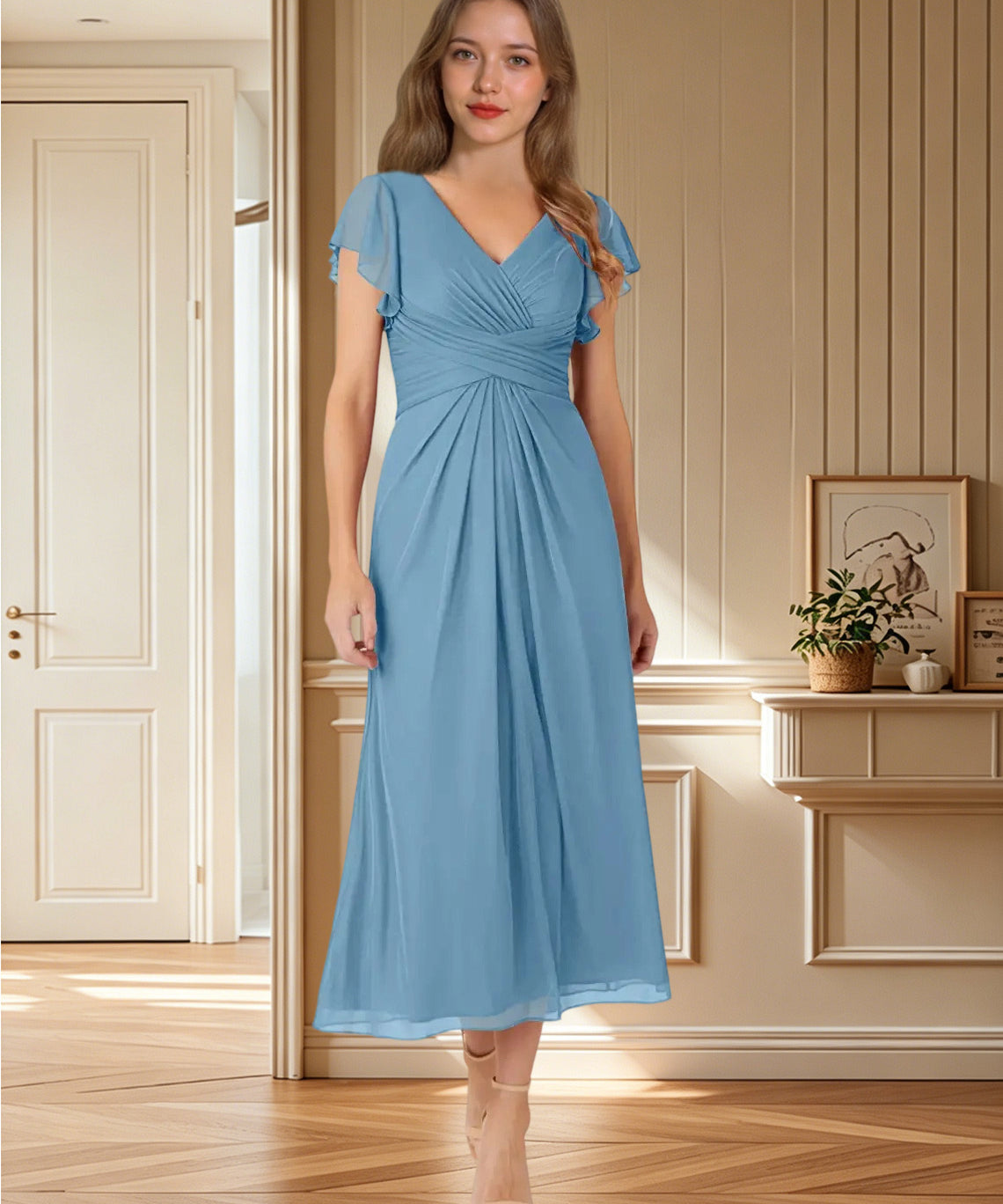 Augday Vera A-Line V-Neck Pleated Mesh Dress