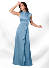 Augday Narine A-Line High Neckline Pleated Stretch Satin Dress