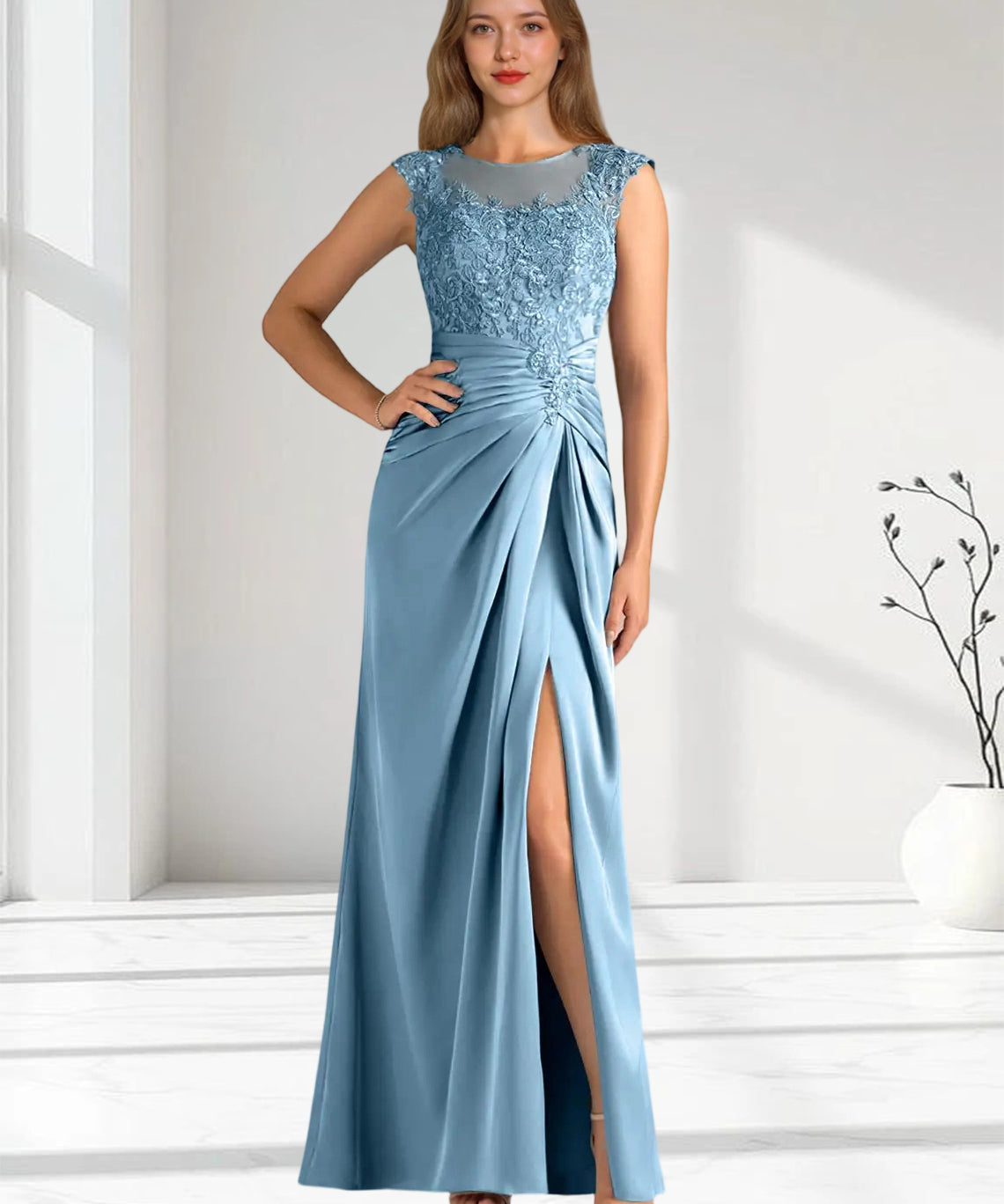 Augday Santa Barbara Sheath Pleated Stretch Satin Dress