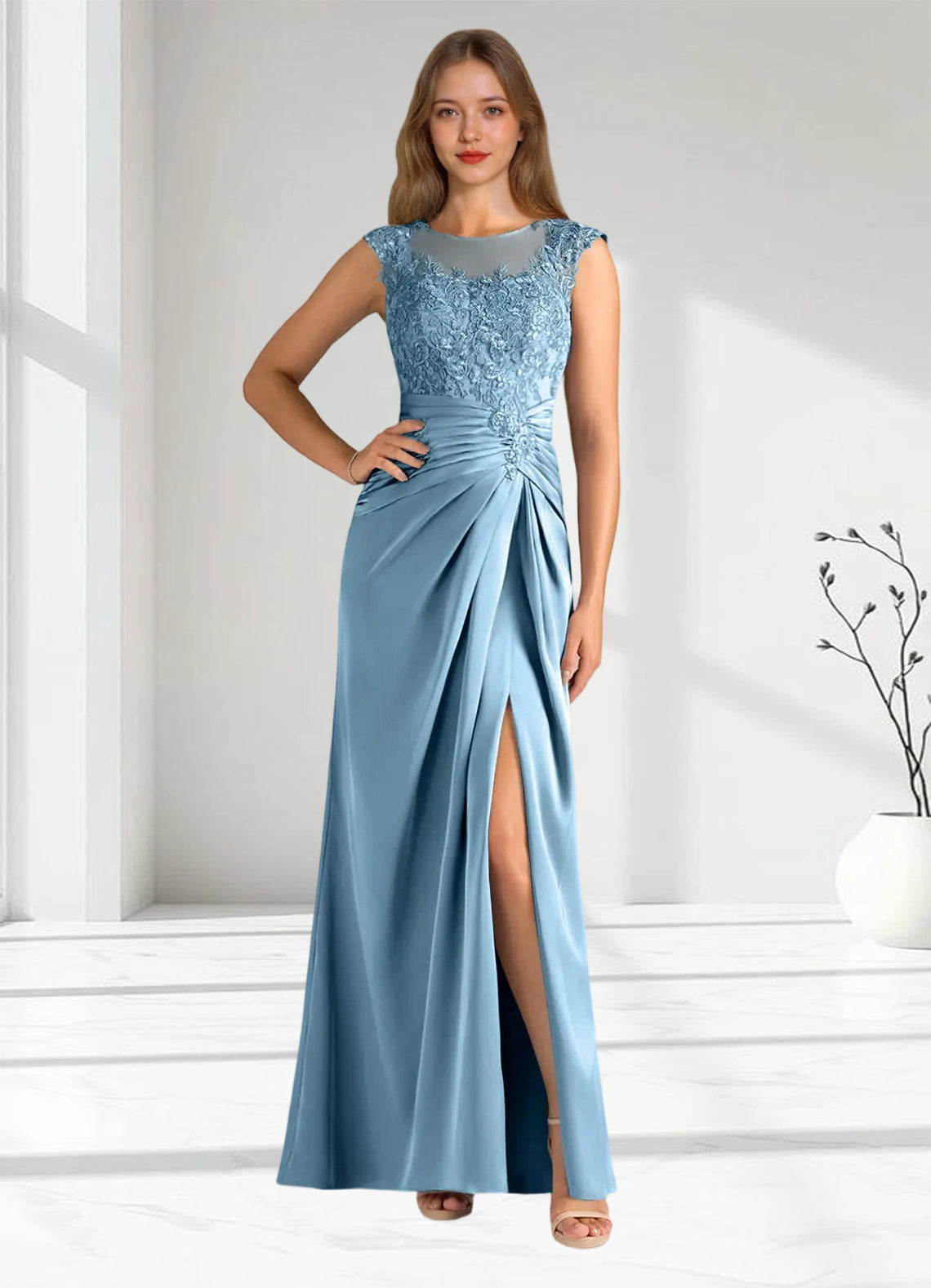 Augday Santa Barbara Sheath Pleated Stretch Satin Dress