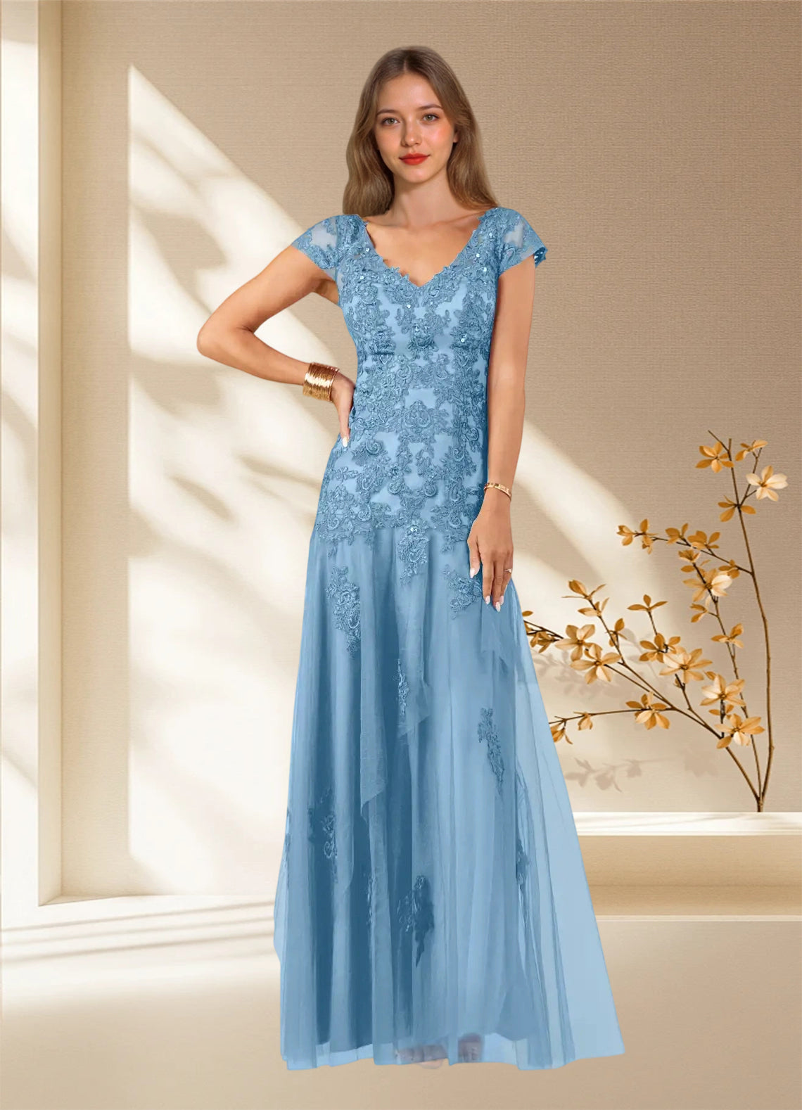 Augday Romy Mermaid V-Neck Sequins Tulle Dress
