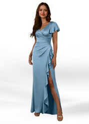 Augday Roya Mermaid V-Neck Pleated Stretch Satin Dress