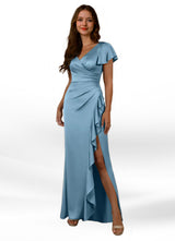 Augday Roya Mermaid V-Neck Pleated Stretch Satin Dress