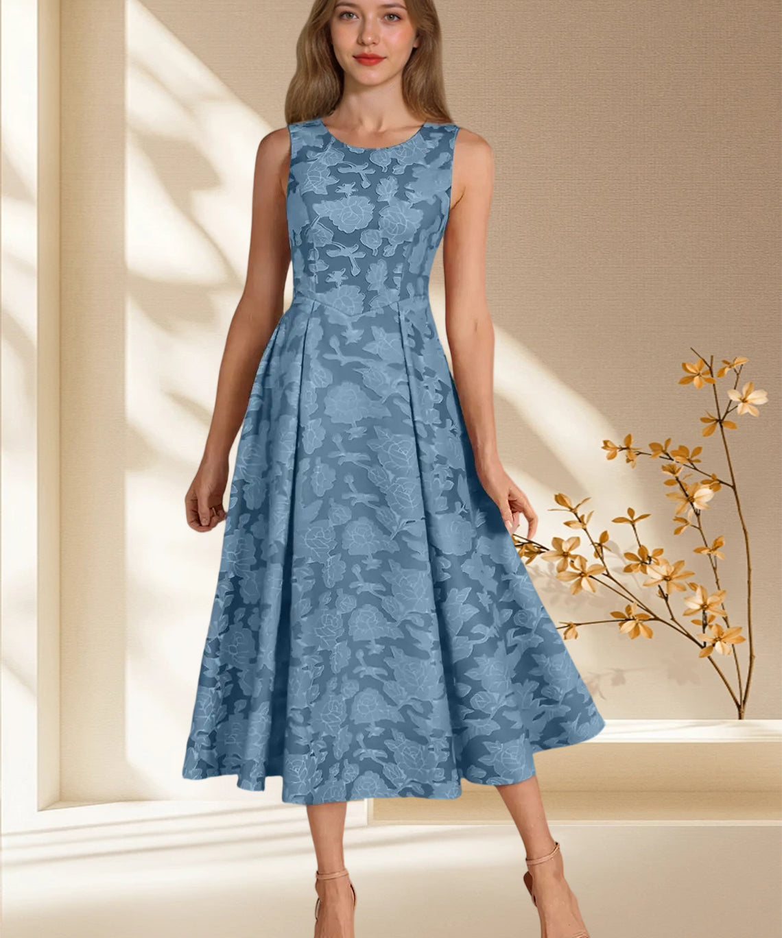 Augday Fulton A-Line Pleated Floral Burnout Dress